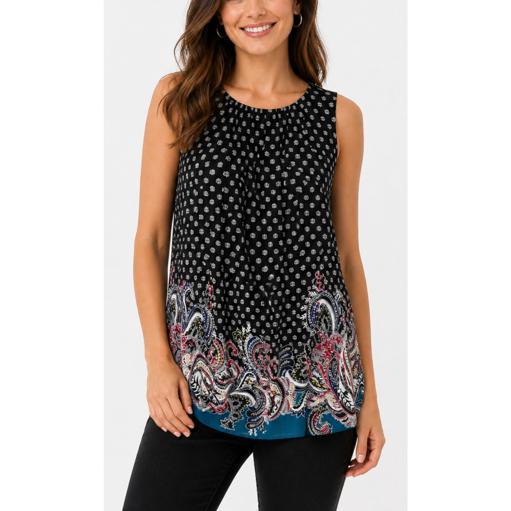 Chico’s Size 1 Medium Sleeveless Top Black Cream Print Paisley Hem Lined Blouse